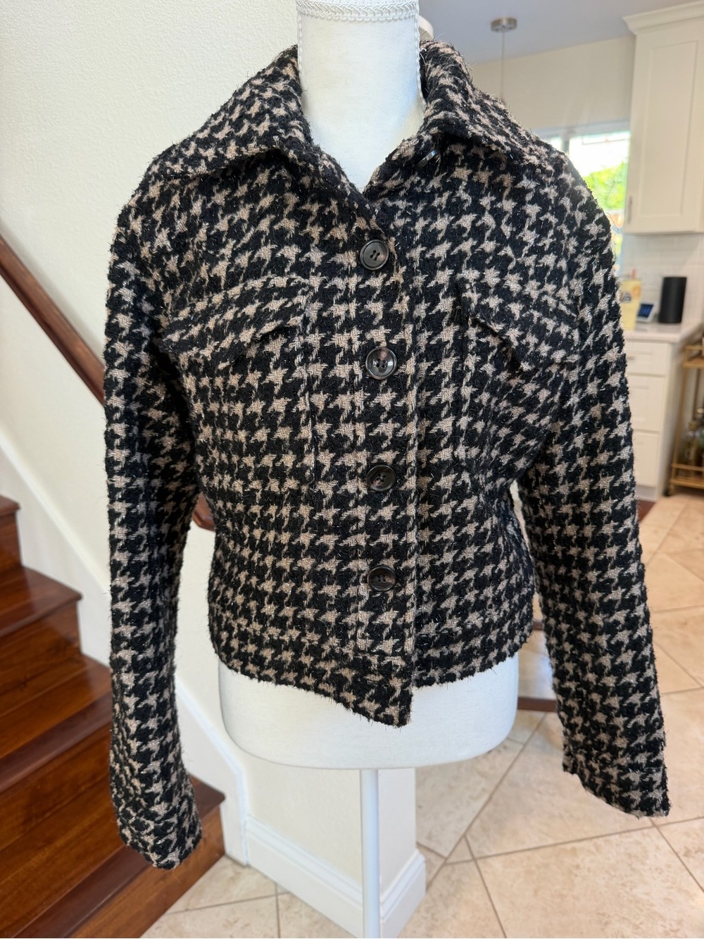 Anthropologie Black & Cream Houndstooth Button Jacket